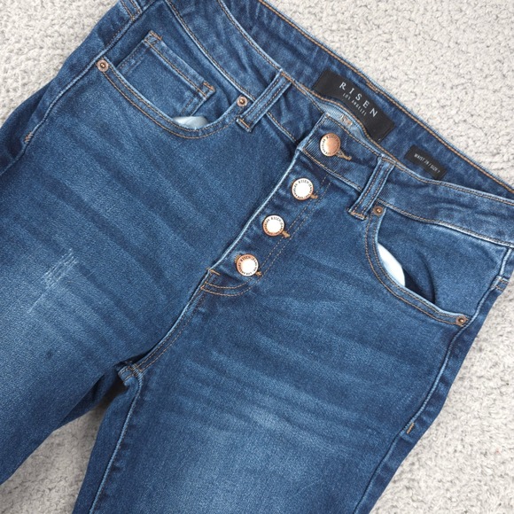 Risen High Rise Jeans Button Fly Frayed Hem Dark Wash Denim Skinny Size 28 - Picture 1 of 9